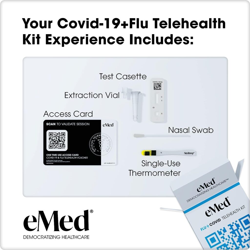 eMed Telehealth Kit for COVID-19 Flu - Proctored Flu Screener, COVID-19 Home Test Kit - Telehealth Service, Lab Report, and Prescription Medicine If Eligible - 2 Pack, 2 Kits