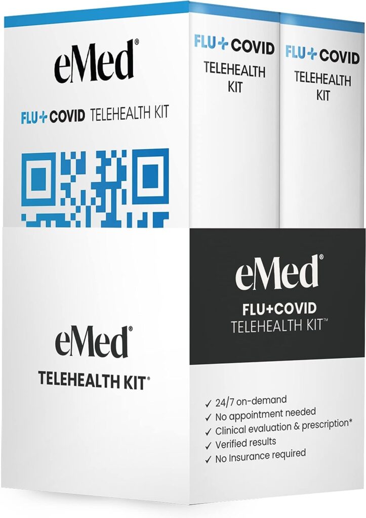 eMed Telehealth Kit for COVID-19 Flu - Proctored Flu Screener, COVID-19 Home Test Kit - Telehealth Service, Lab Report, and Prescription Medicine If Eligible - 2 Pack, 2 Kits