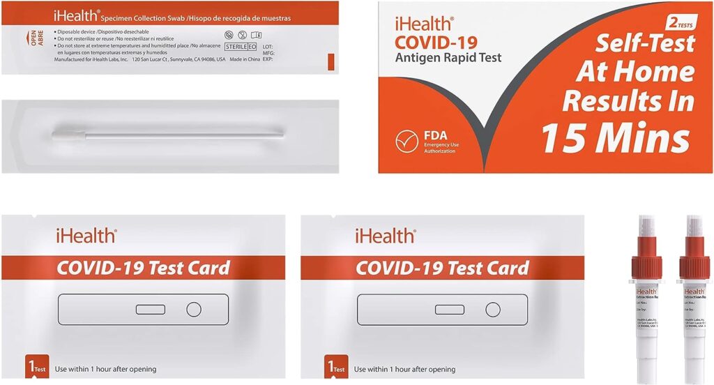 iHealth COVID-19 Antigen Rapid Test, 1 Pack, 2 Tests Total, FDA EUA Authorized OTC at-Home Self Test, Results in 15 Minutes with Non-invasive Nasal Swab, Easy to Use No Discomfort