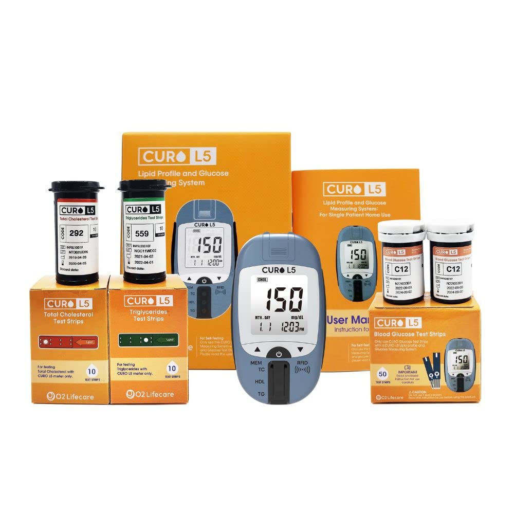 All in One CURO Home Blood Cholesterol Test Kit (L5 Device + 10 Total Cholesterol Strips + 10 Triglycerides Strips + 50 Glucose Strips Included)