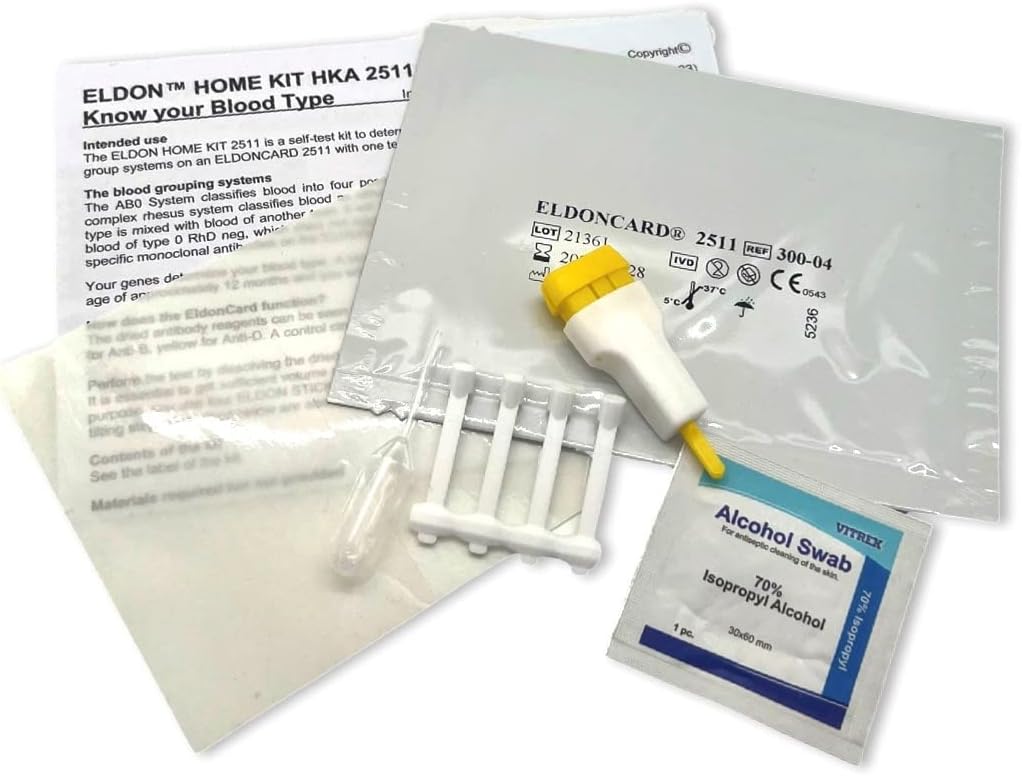 Eldoncard INC Blood Type Test (COMPLETE KIT) - Find out if you are A, B, O, AB RH- Results in Minutes - Air Sealed Envelope, Safety Lancet, Micropipette, Cleansing Swab - 1 Pack
