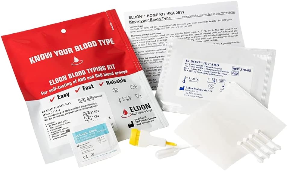 Eldoncard INC Blood Type Test (COMPLETE KIT) - Find out if you are A, B, O, AB RH- Results in Minutes - Air Sealed Envelope, Safety Lancet, Micropipette, Cleansing Swab - 1 Pack