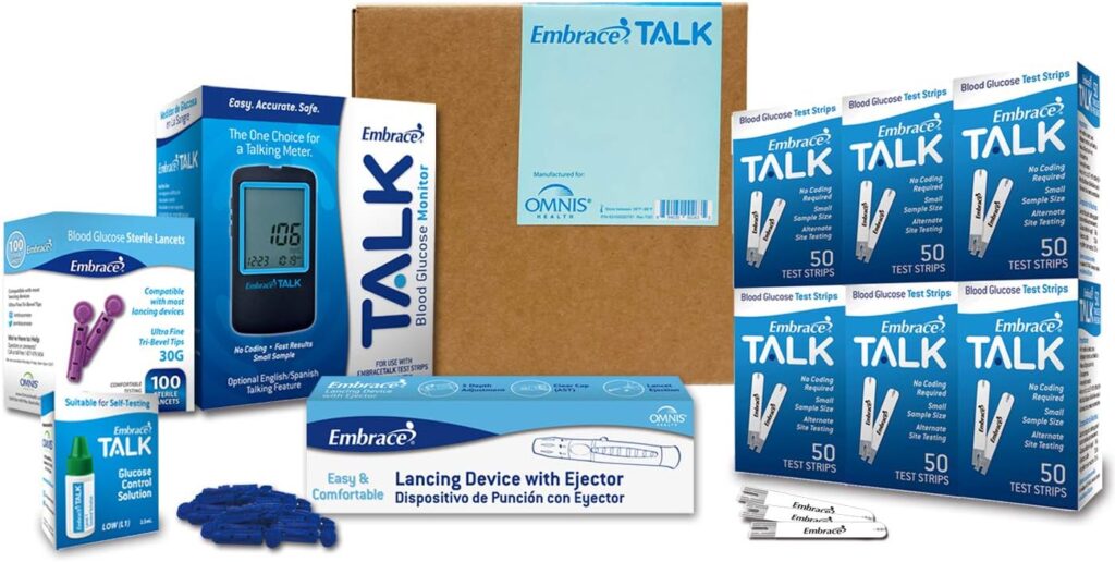 Embrace Diabetes Testing Kit Includes Embrace Talk Blood Glucose Meter 300 Blood Test Strips 1 Control Solution 1 Lancing Device 300 30g Lancets and Carrying Case