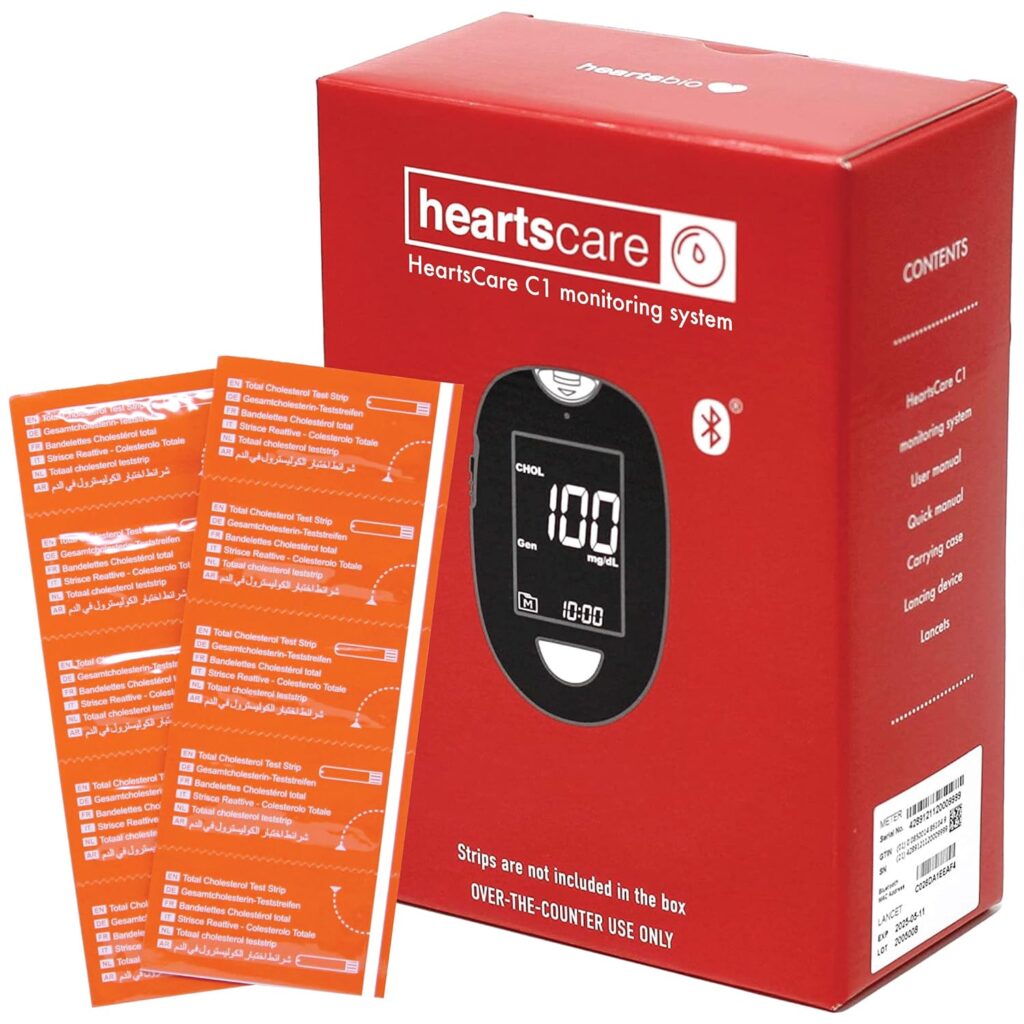 HeartsCare C1 Total Cholesterol Test Kit at Home - 10 Total Cholesterol Strips and C1 Cholesterol Meter Monitoring System