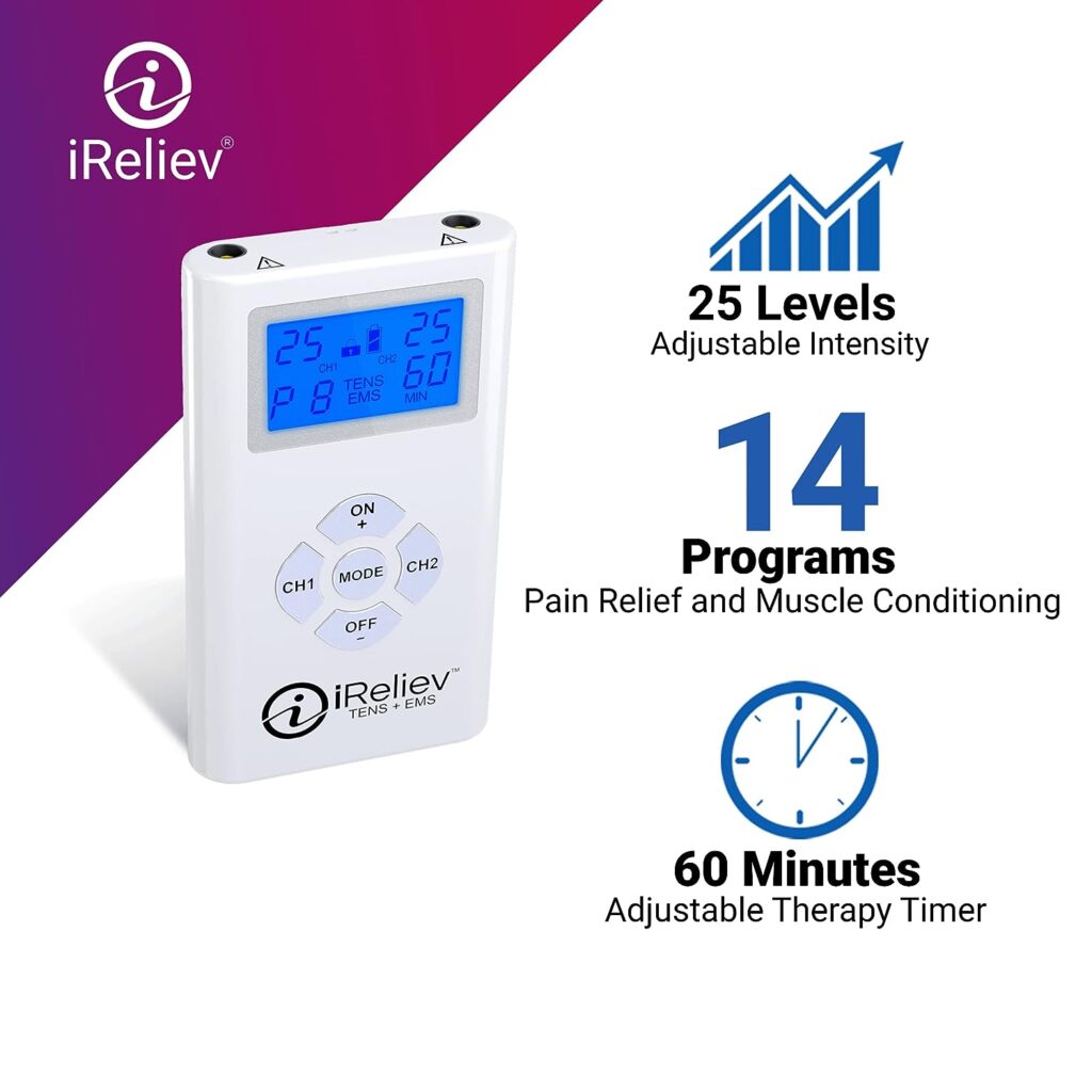 iReliev TENS + EMS Combination Unit Muscle Stimulator for Pain Relief Arthritis Muscle Strength - Treats Tired and Sore Muscles in Your Shoulders, Back, Abs, Legs, Knees and More