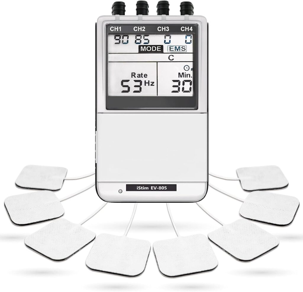 iSTIM EV-805 TENS EMS 4 Channel Rechargeable Combo Machine Unit - Muscle Stimulator + Back Pain Relief and Management- 24 Programs/Backlit (Including Electrodes Pads)