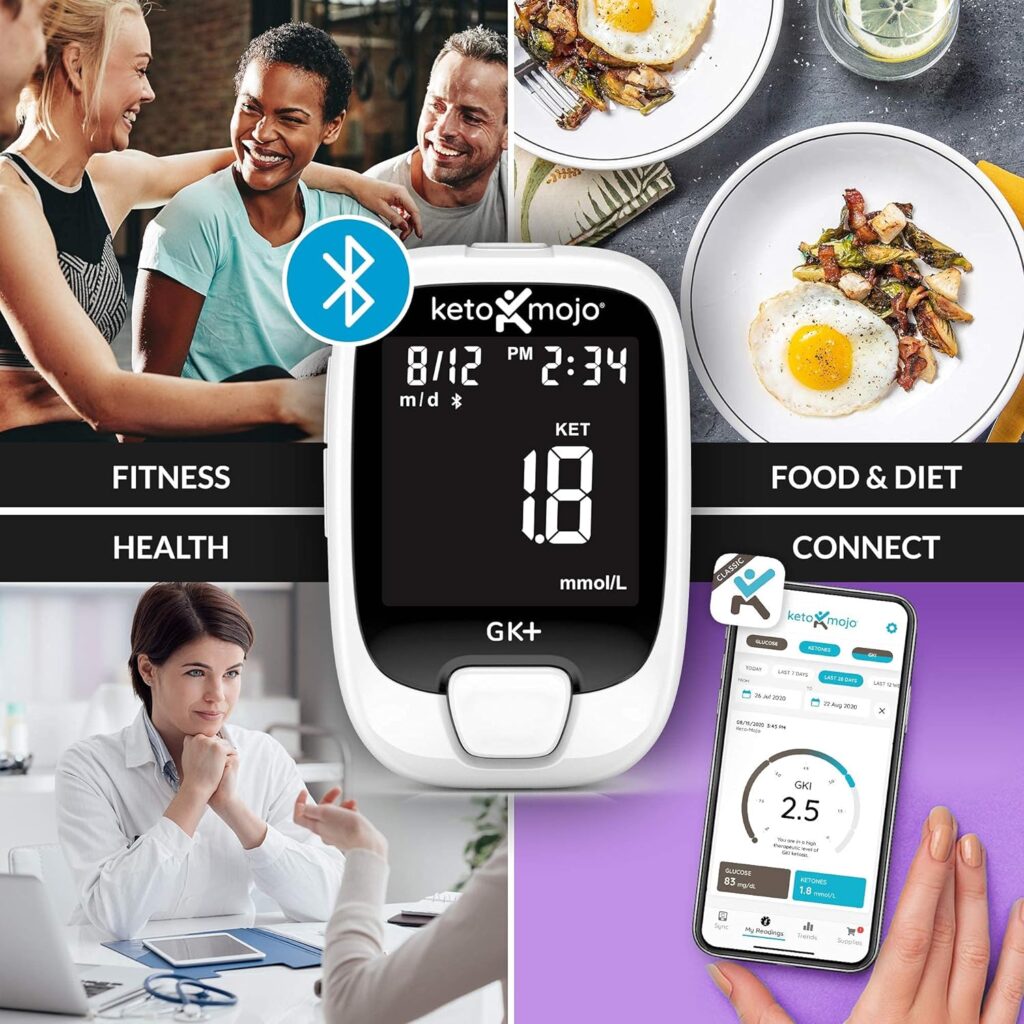 KETO-MOJO GK+ Bluetooth Glucose Ketone Testing Kit + Free APP for Ketosis Diabetes Management. 20 Blood Test Strips (10 Each), Meter, 20 Lancets, Lancing Device, and Control Solutions