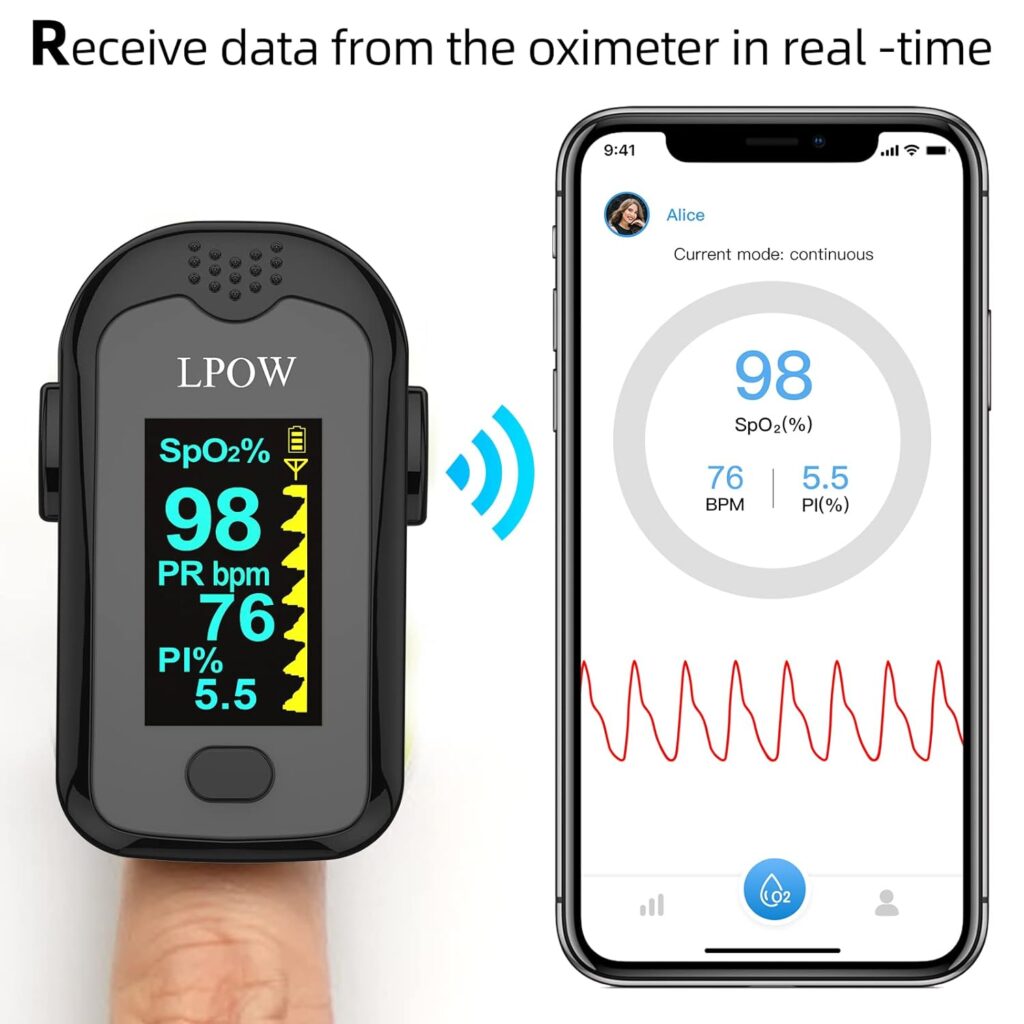 LPOW Bluetooth Fingertip Pulse Oximeter, Blood Oxygen Saturation Monitor (SpO2) with Pulse Rate, Perfusion Index with Alarm, OLED Display, APP for Smart Tracking, Batteries and Lanyard Included