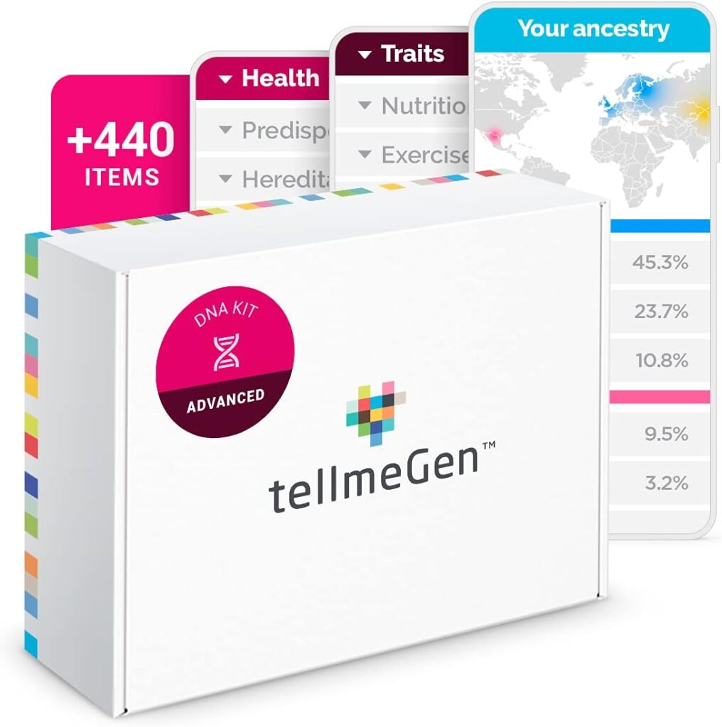 tellmeGen Advanced DNA Test:400+ Health, Ancestry, Traits Fitness Reports - Fees Included - Lifetime Updates