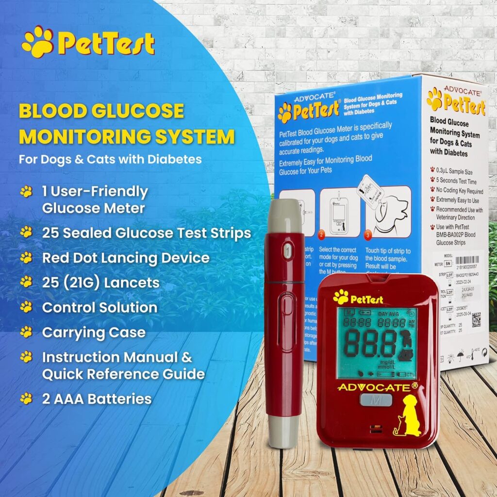 PetTest Glucose Monitoring System | Blood Sugar Check Kit for Dogs Cats - Full Kit Includes 25 Test Strips, 25 Lancets, Red Dot Lancing Device, Glucose Meter, Carrying Case | Pets Diabetic Supplies